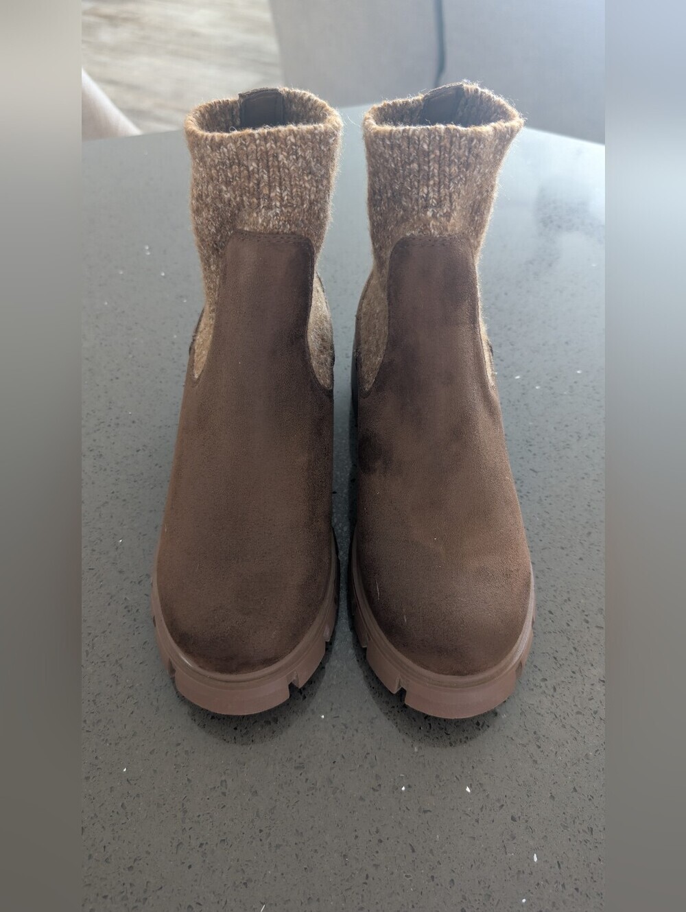 Women's Brown Knit-Cuff Suede-Style Chelsea Bootie